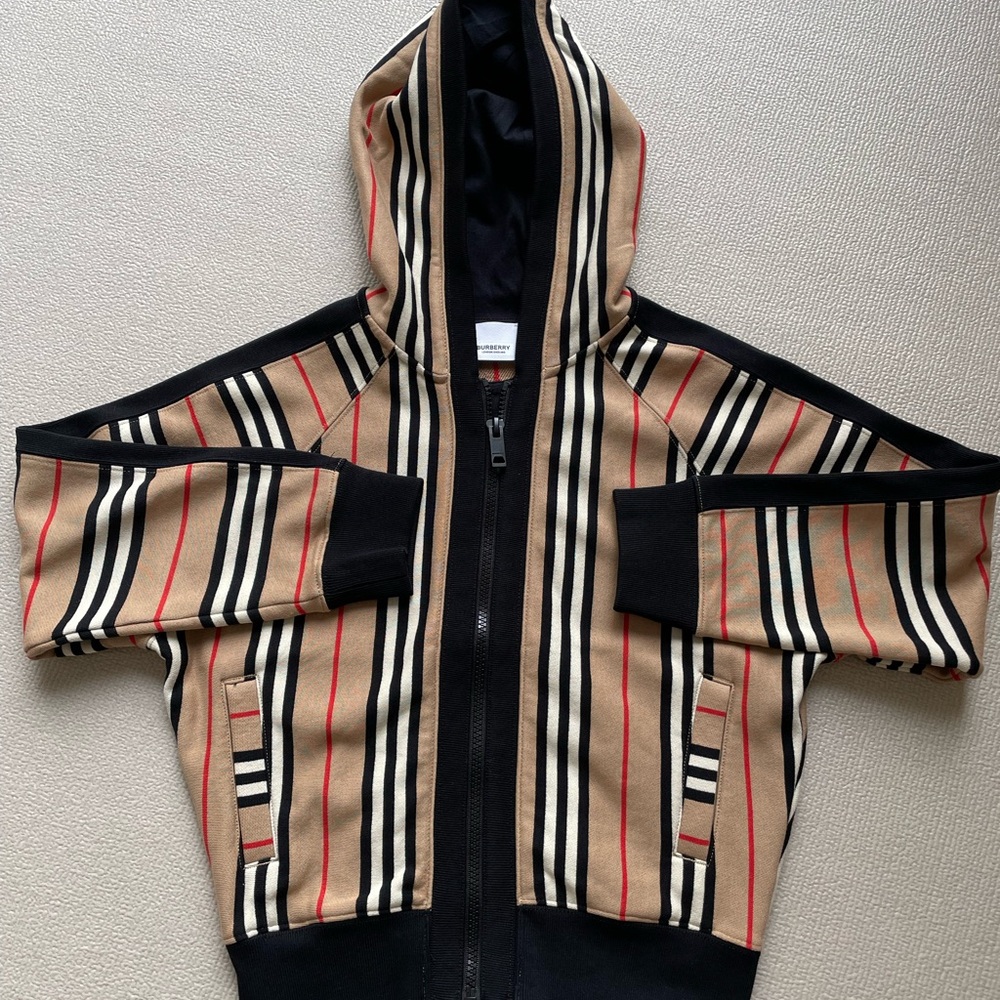 Kids Hooded Zip-Up Top with Tan Stripe Pattern